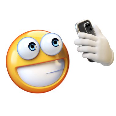 Emoji selfie çekiyor, Emoticon beyaz arka planda cep telefonu tutuyor, 3D görüntüleme