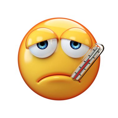 Hasta duygu simgesi beyaz arkaplanda izole edilmiş, emoji termometre 3d biçimlendirilmiş