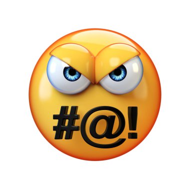 Kızgın ifade küfretme beyaz arka planda izole edilmiş, kötü ağız emojisi 3D görüntüleme