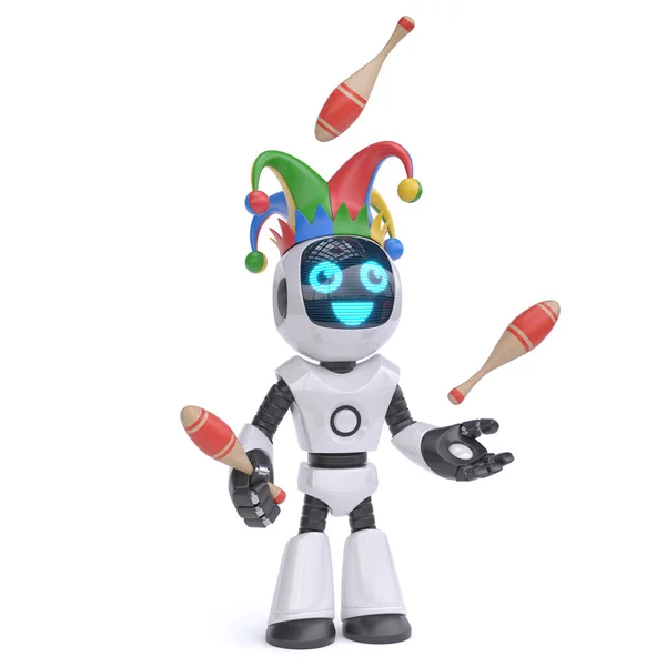 Kis Robot Zsonglőr Visel Bolond Kalap Renderelés — Stock Fotó