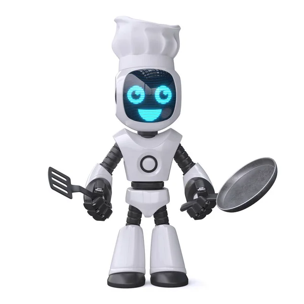 Little Robot Cook Holding Cooking Pan Chef Robot Rendering — Stock Photo, Image