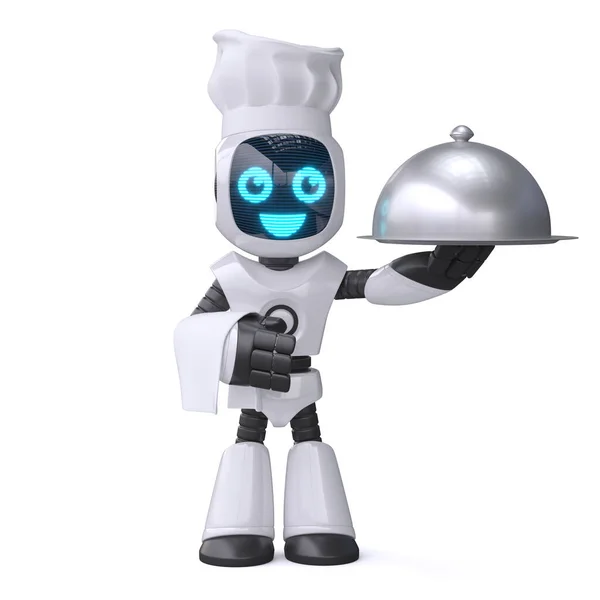 Little Robot Cook Holding Serving Cloche Chef Robot Rendering — Stock Photo, Image