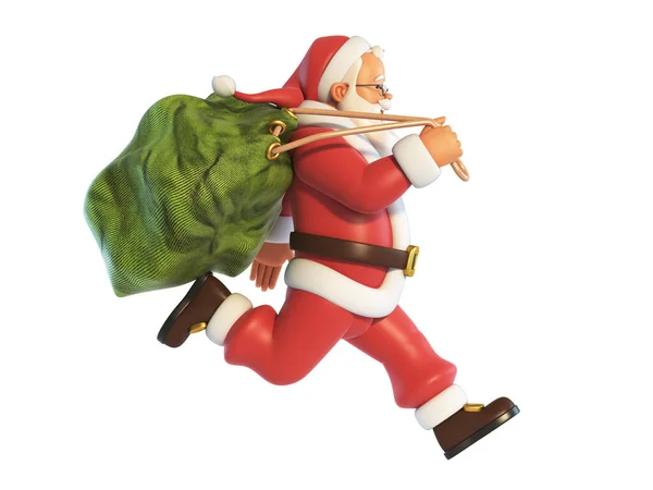 圣诞老人背着装满礼物的袋子跑着 背景是白色的 — 图库照片