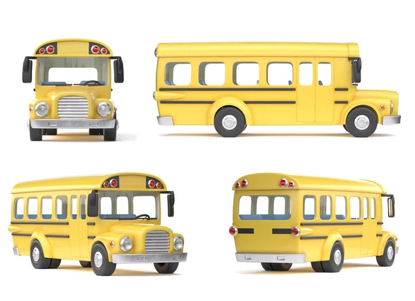 Autobus Szkolny Różnych Poglądów Białym Tle Renderowania — Zdjęcie stockowe