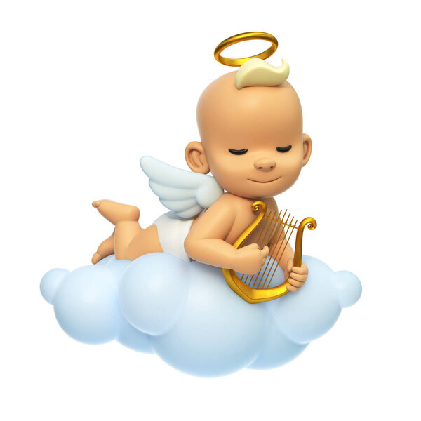 Little baby angel playing lyre on the cloud, cartoon angel character with wings and halo in the sky, 3d rendering