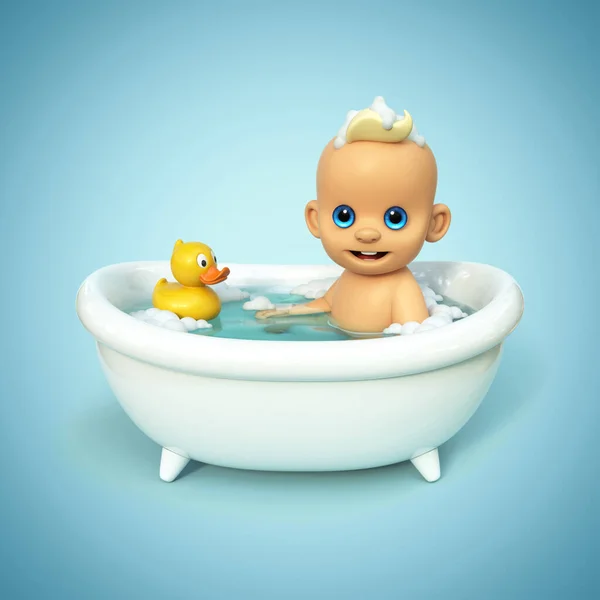 幸せな赤ちゃんは ゴム製のアヒルと一緒にお風呂に入る バスタブの中の小さな子供 乳児用洗濯と入浴 幼い子供のための衛生とケア 3Dレンダリング — ストック写真