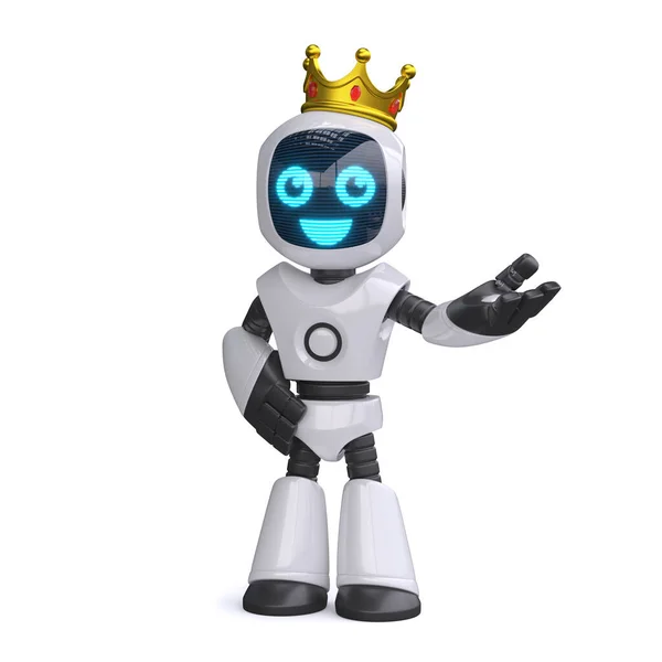 Pequeño Robot Con Una Corona Oro Representación —  Fotos de Stock