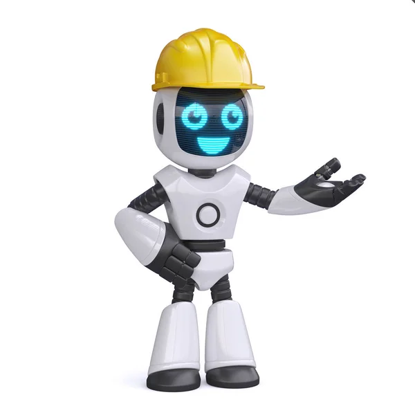 ロボット建設労働者 黄色のハード帽子3Dレンダリングを持つロボット — ストック写真