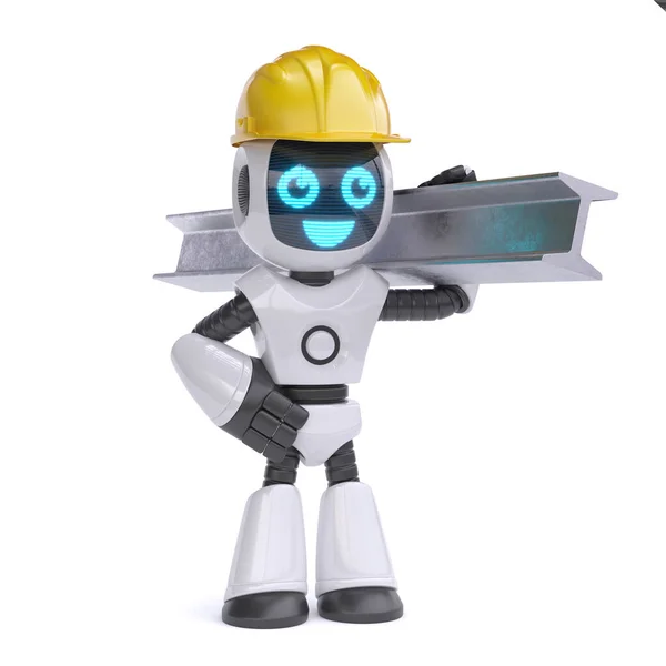 Robot Construction Worker Robot Yellow Hard Hat Holding Steel Beam — Stock Photo, Image