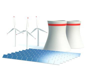 Alternatif enerji 3d kavramı - Rüzgâr santrali nükleer enerji santrali ve güneş panelleri beyaz arka plan 3D görüntüleme