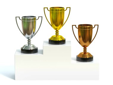 Şampiyonluk podyumunda altın, gümüş ve brone ödülleri, birinci, ikinci ve üçüncü ödül 3D