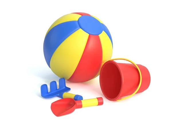 Beachball Und Kindersandspielzeug Eimer Schaufel Und Harke Rendering — Stockfoto