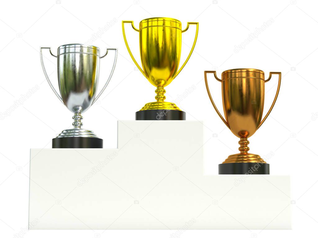 Golden, silver and bronce trophies on  champion podium, first, second and third prize 3d rendering