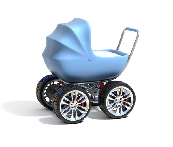 Blå barnvagn med sport bil hjul — Stockfoto