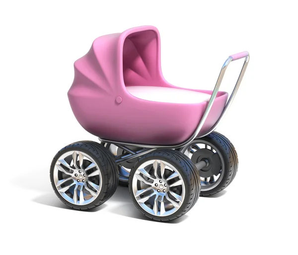 Carruagem de bebê rosa com rodas de carro esporte — Fotografia de Stock
