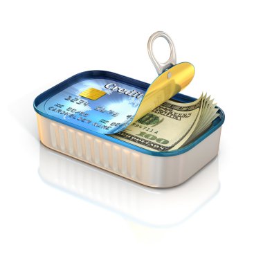 Cash inside aluminum can with credit card print clipart