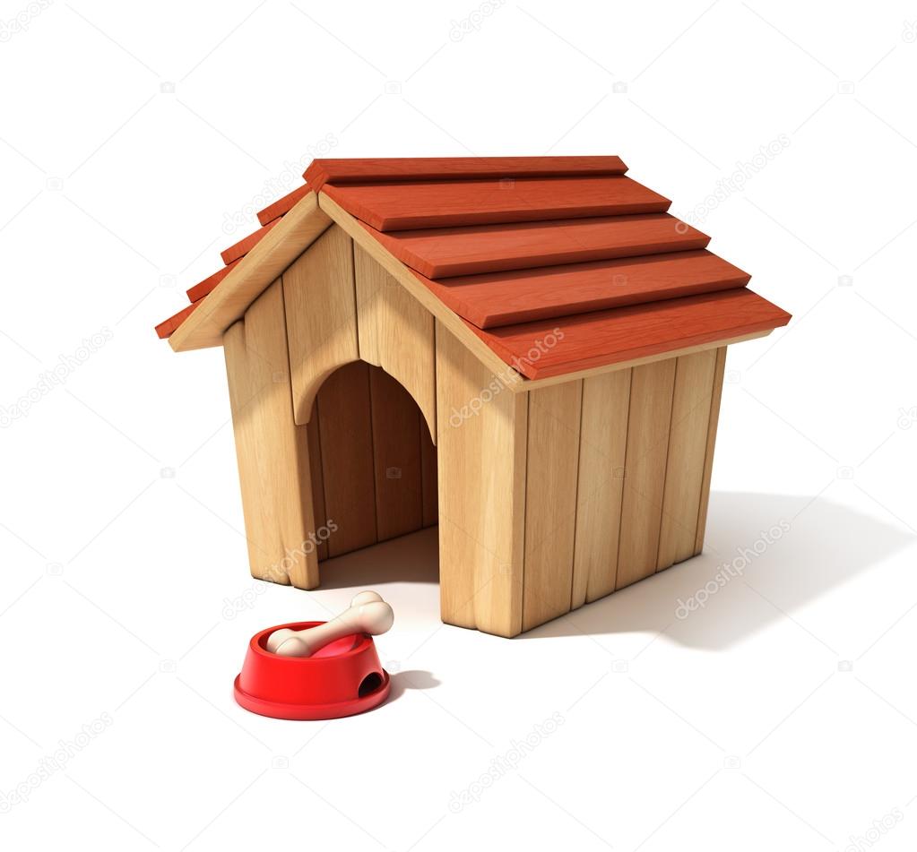 Dog house, bowl and bone