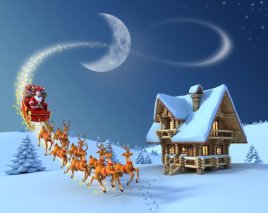 Noel gece sahne - Noel Baba Ren geyiği kızak günlük evin önünde sürmek.