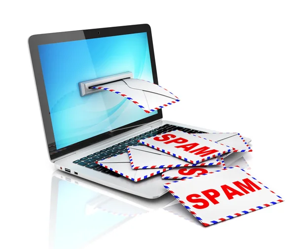 E-mail spam concetto 3d - buste e laptop — Foto Stock