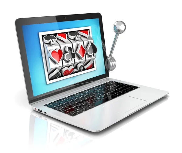 Online gambling 3d concept - slot machine inside laptop — Stock Photo, Image