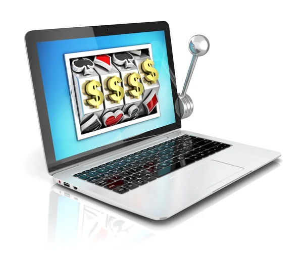 Online gambling 3d concept - slot machine inside laptop — Stock Photo, Image