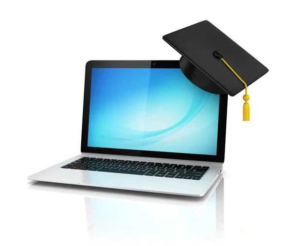 Graduation cap on laptop - e-learning 3d concept — Stock Photo, Image