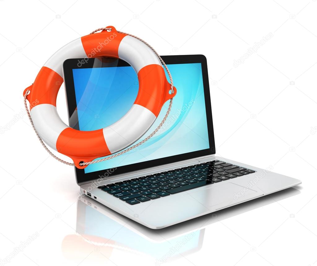 laptop with lifebuoy - support and service 3d concept