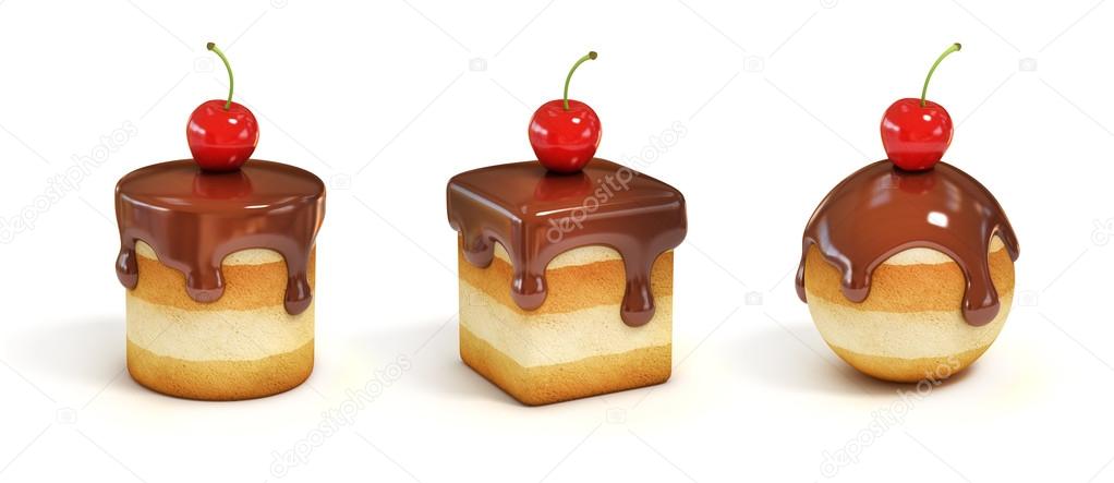 mini cakes in various forms with chocolate topping and cherry