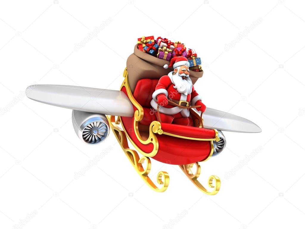 Santa Claus on sleigh with wings and jet engines