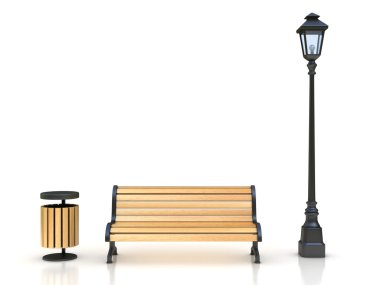 Park bankında, sokak lambası ve çöp tenekesi