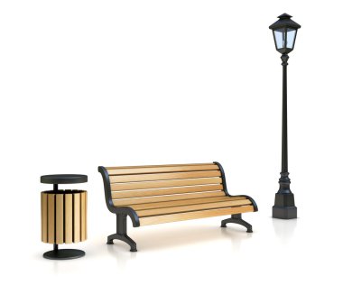 Park bankında, sokak lambası ve çöp tenekesi