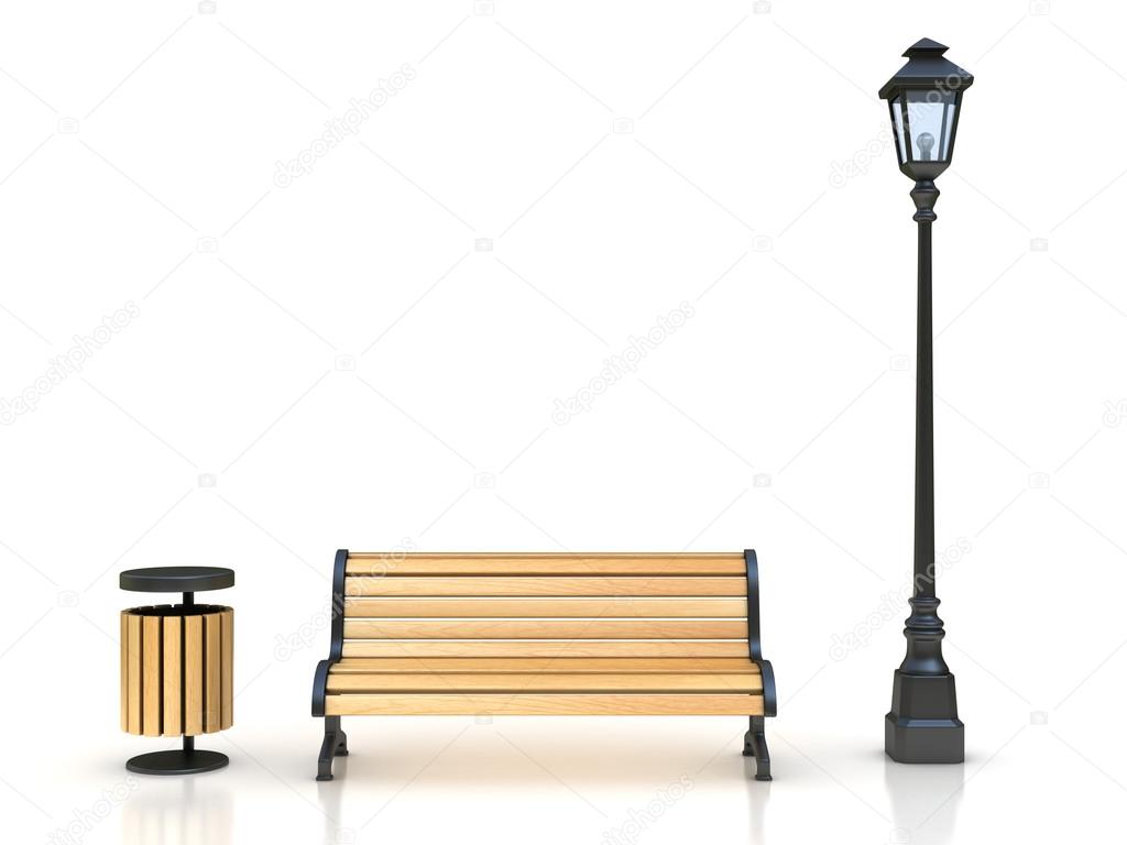 park bench, street lamp and trash can