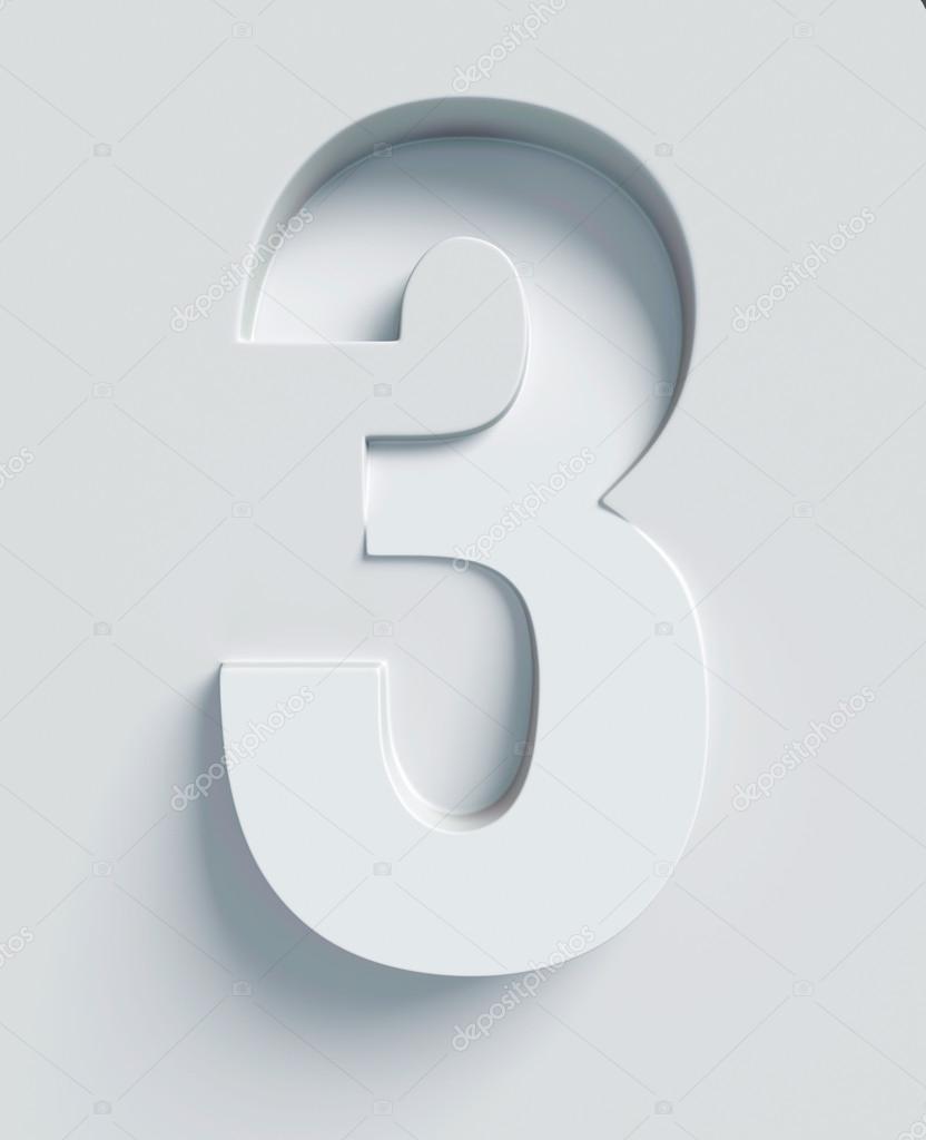 Number 3 slanted 3d font engraved and extruded from the surface