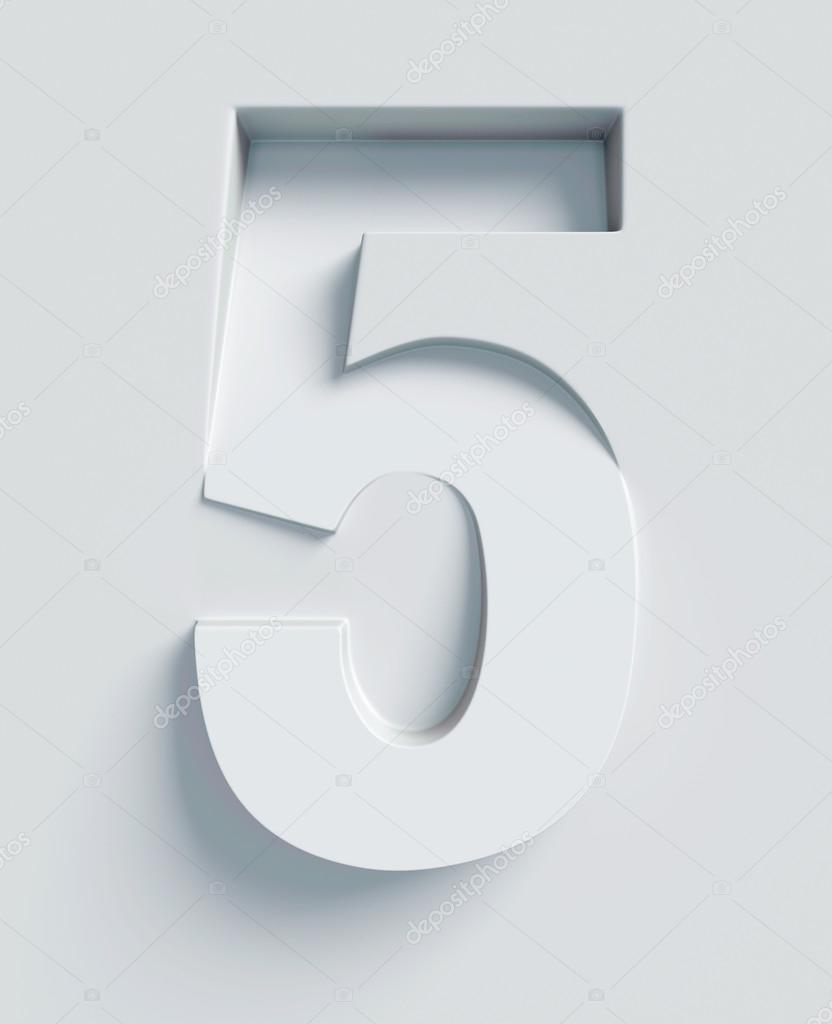 Number 5 slanted 3d font engraved and extruded from the surface