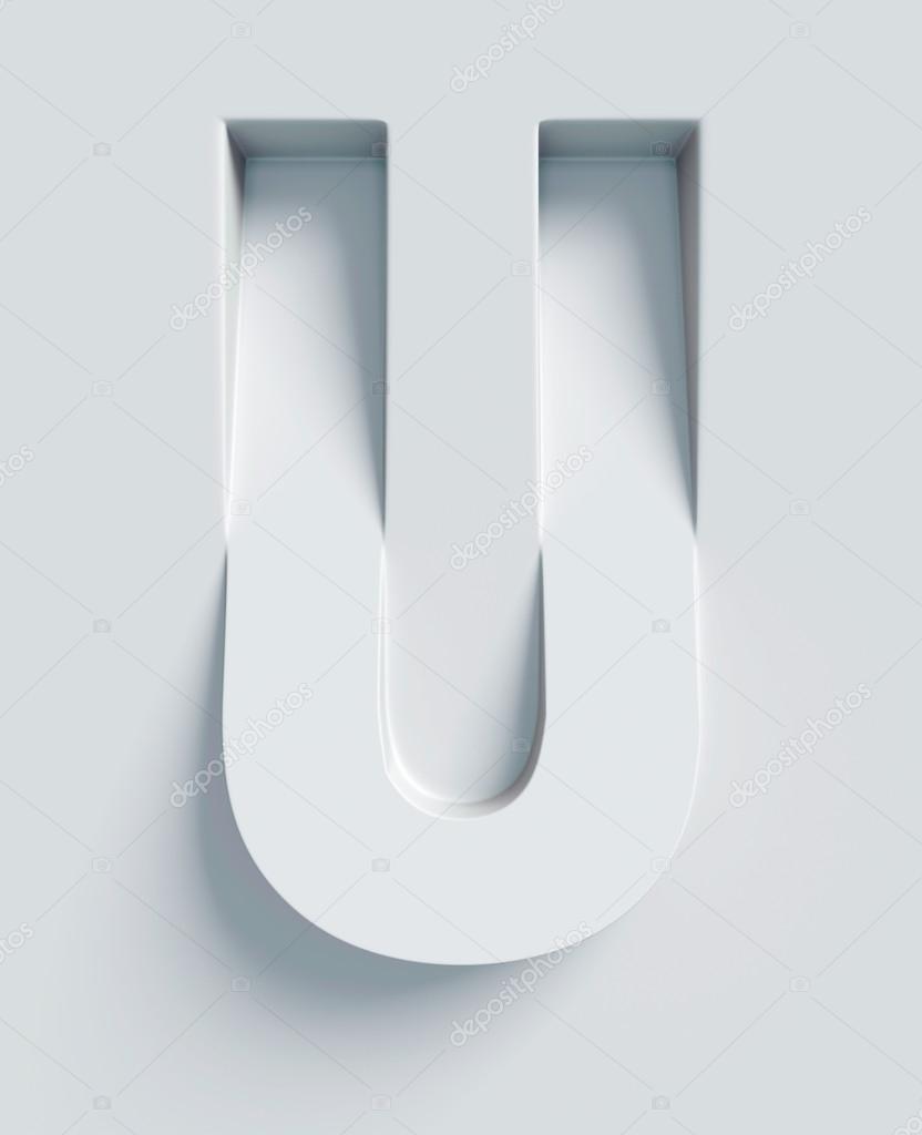 Letter U slanted 3d font engraved and extruded from the surface