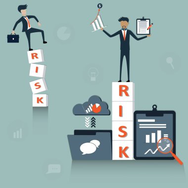 Flat of business concept, A man stand on the unsteadily's word risk and another man had the chart on beside,keeping in steady - vector Illustration