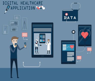 Teknoloji meraklısı, kendini iyi hissetmeyen genç bir adam mobil uygulama üzerinden doktora başvurmuş, doktor kalp atışlarını dinleyerek hastalığın teşhisini koymuş, vektör ilüstrasyonu.