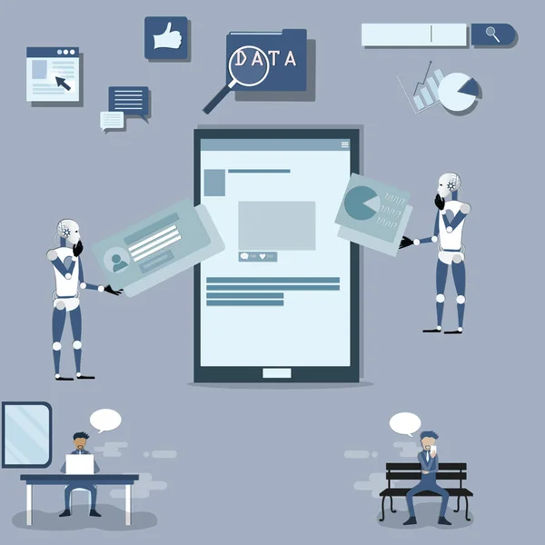 Teknoloji konseptinin düz tasarımı, sosyal platformdaki verileri analiz etmek için yapay zeka kullanımı,