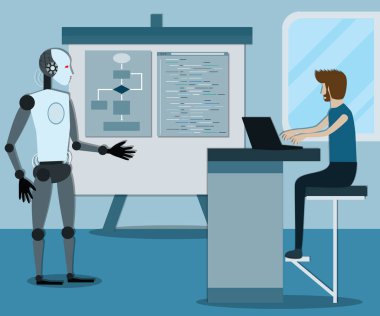 Yapay zeka teknolojisinin düz tasarımı, bir adam robot kodlama, kodlama becerisi konseptinden öğrenir.