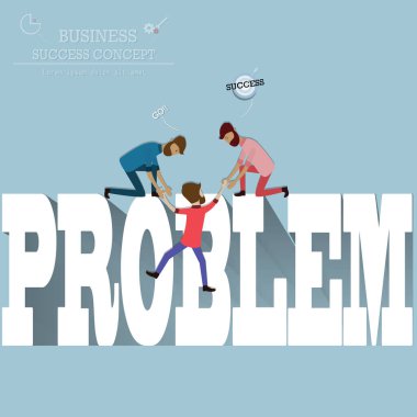 Takım çalışması konsepti, bir adam problem kelimesine tırmanmaya çalışır ve ekibi onu yukarı çekmek için yardım eder, vektör ilüstrasyonu.