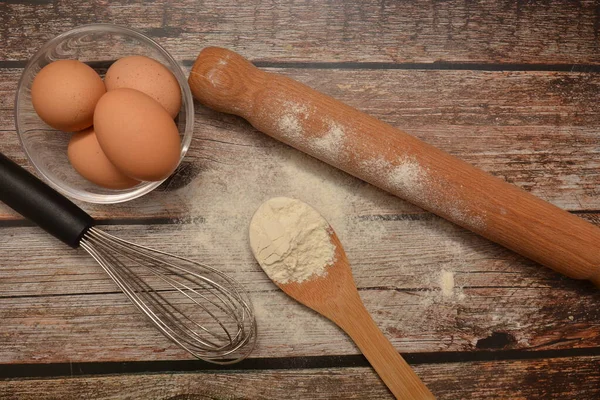 Utensilios Cocina Ingredientes Mesa Madera Para Preparar Pastel Dulce Pasta —  Fotos de Stock