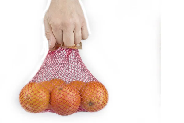 Naranjas Frescas Saco Malla Plástico Sobre Fondo Blanco —  Fotos de Stock