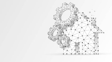 Üzerinde çark olan kır evi. Yüksek teknolojili akıllı bir evin teknolojisi. Düşük polyester kablo 3d vektör çizimi. Beyaz origami arkaplanındaki soyut çokgen resmi