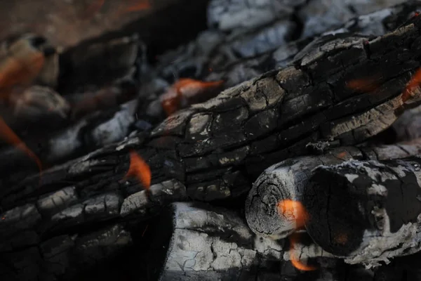 Verschimmelte Baumstämme brannten in lebendigem Feuer aus nächster Nähe. Atmosphärischer Hintergrund mit Flamme am Lagerfeuer. Unvorstellbares Detailbild eines Lagerfeuers von innen mit Kopierraum. Wirbelwind aus Rauch und glühender Glut. — Stockfoto