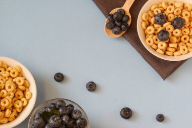 Mavi arka plandaki beyaz kasede yaban mersini ve bal halkaları. Sağlıklı kahvaltı. Uzayı kopyala Yatay oryantasyon. Üst Manzara. Düz yatıyordu