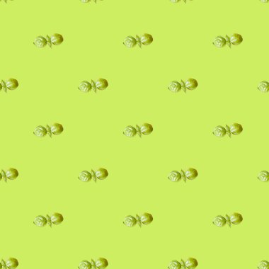 Yeşil arka planda pürüzsüz yeşil yaprak deseni. Fesleğen yinelenen süs arkaplanı, Gıda eko bayrağı.