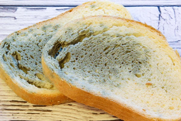 Schimmel wächst schnell auf schimmeligem Brot auf Holzboden. Mehltau auf einer Scheibe Brot. Altes Brot, mit Mehltau bedeckt. — Stockfoto