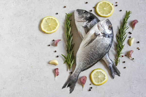 Two Fresh Raw Sea Organic Dorado Sea Bream Spices Lemon — Stock Photo, Image