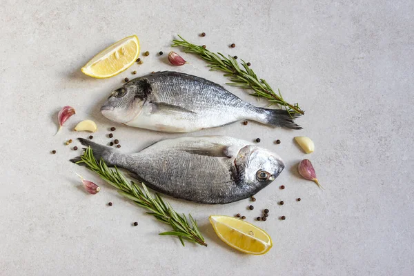 Two Fresh Raw Sea Organic Dorado Sea Bream Spices Lemon — Stock Photo, Image