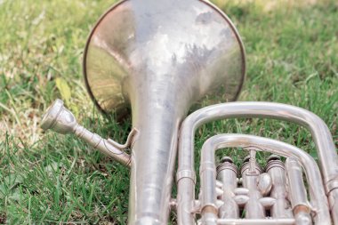 inci çimenlerin üzerinde gümüş trombon